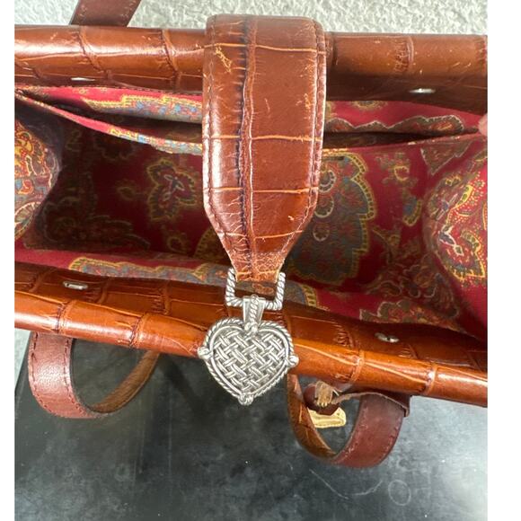 Brighton Woven Jute Leather Handbag Top Open Snap Close Paisley Interior Retired - Picture 8 of 11